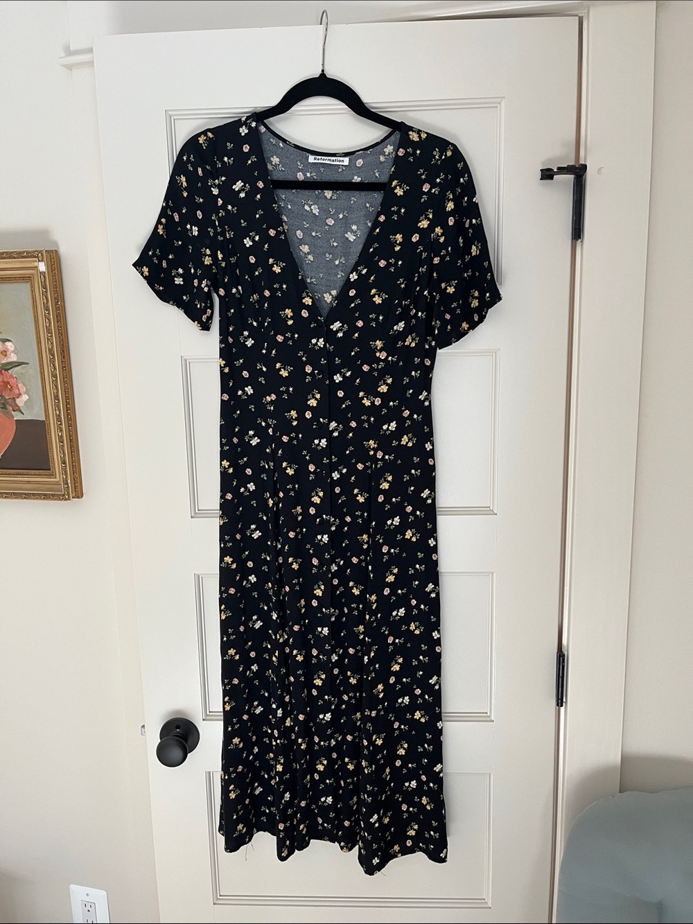 Reformation Black Floral Button-Front Midi Dress